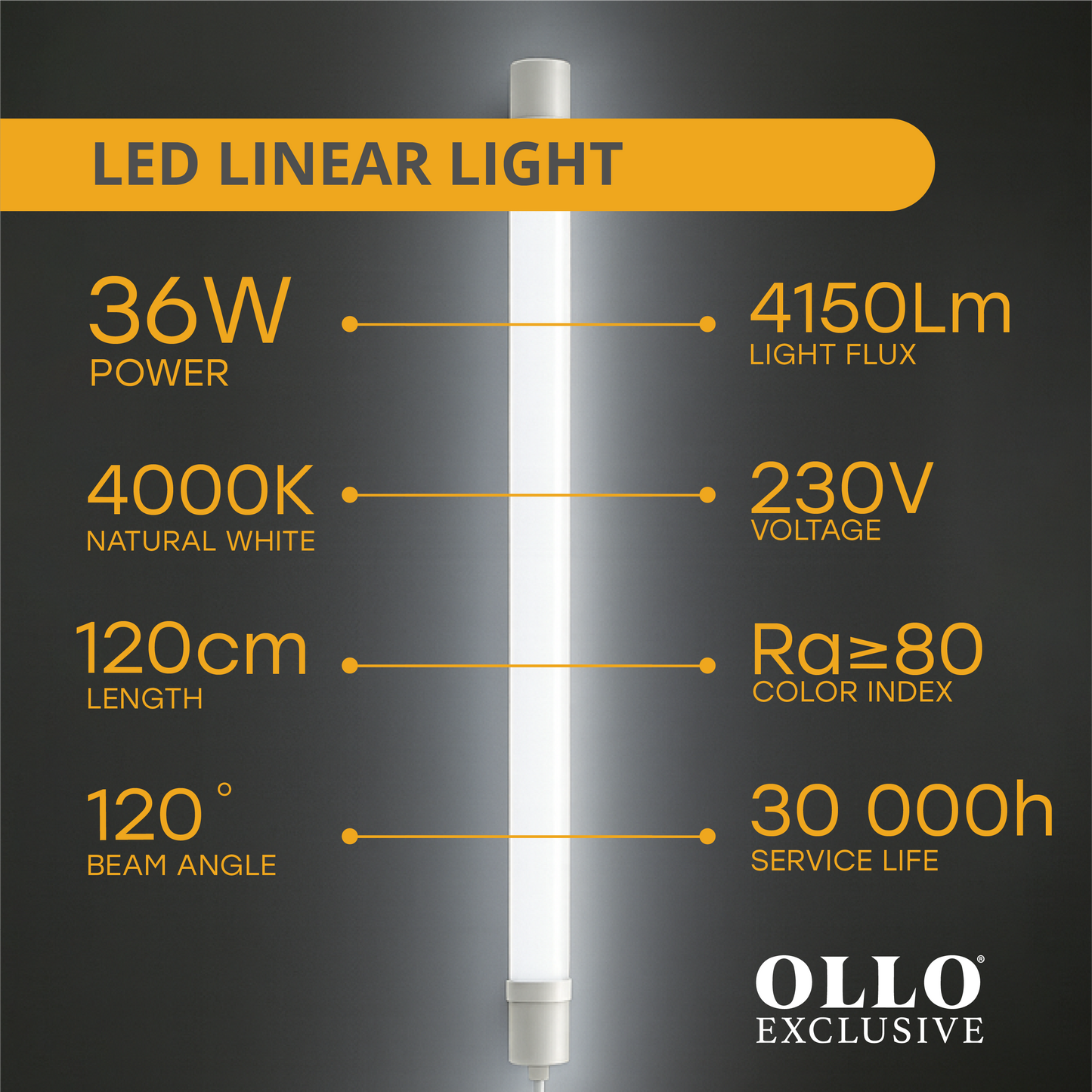 OLLO kosteudenkestävä lineaariset LED-valaisin | 120cm | 36W | 4150lm | 4000K | IP65 | Valkoinen