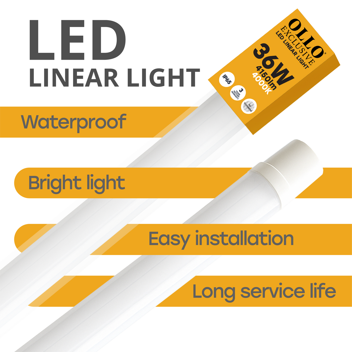 OLLO kosteudenkestävä lineaariset LED-valaisin | 120cm | 36W | 4150lm | 4000K | IP65 | Valkoinen