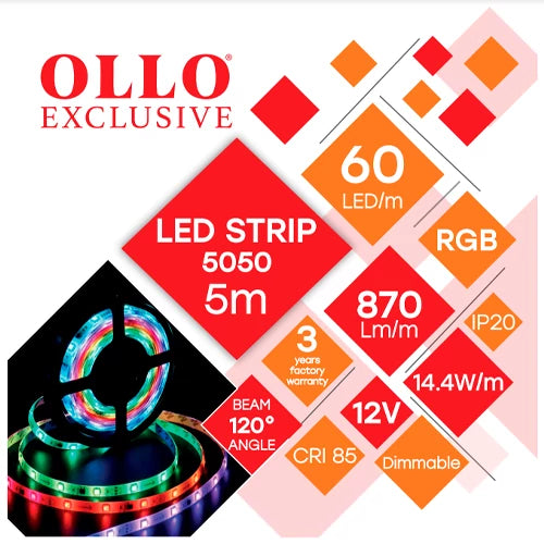 OLLO LED-nauha sisätiloihin | 5m/8mm | 14.4W | 12V | 870lm/m | RGB | IP20