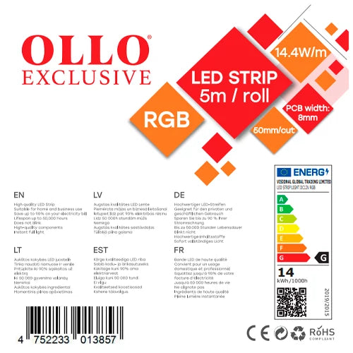 OLLO LED-nauha sisätiloihin | 5m/8mm | 14.4W | 12V | 870lm/m | RGB | IP20
