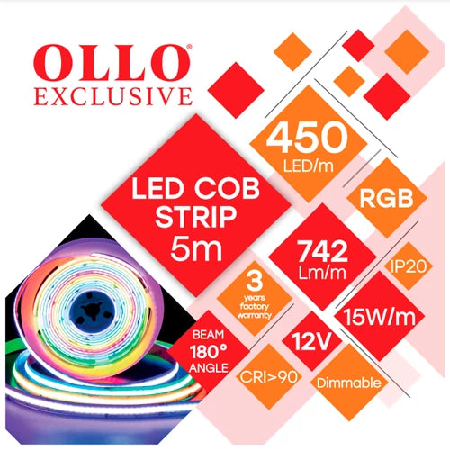 OLLO LED-nauha sisätiloihin | COB | 5m/10mm | 15W | 12V | 742lm/m | RGB | IP20