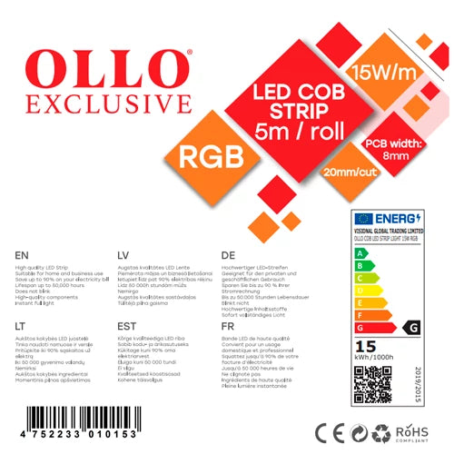OLLO LED-nauha sisätiloihin | COB | 5m/10mm | 15W | 12V | 742lm/m | RGB | IP20