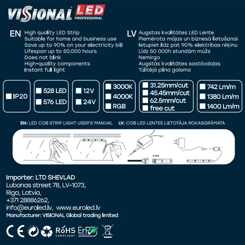 VISIONAL LED-nauha sisätiloihin | COB | 5m/10mm | 14W | 12V | 1380lm/m | 3000K | IP20