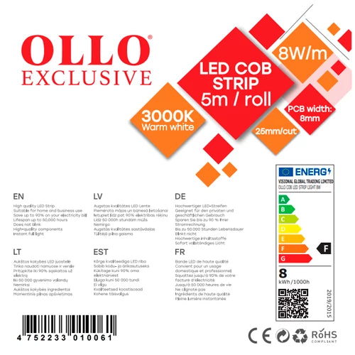 OLLO LED-nauha sisätiloihin | COB | 5m/8mm | 8W | 12V | 800lm/m | 3000K | IP20