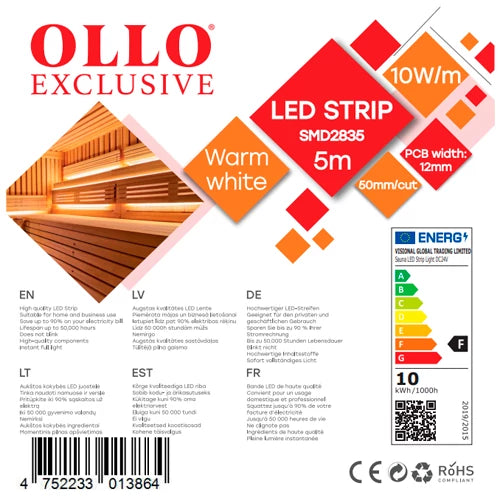 OLLO LED-nauha saunaan | 5m | 10W | 24V | 1120lm/m | 3000K | IP68