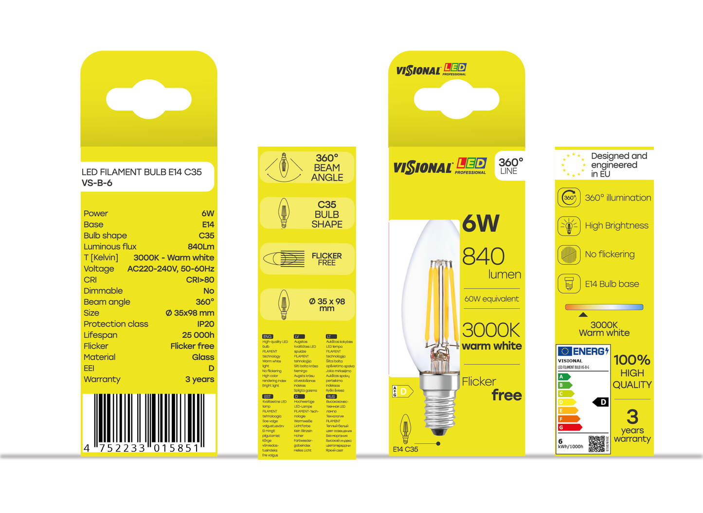 VISIONAL Filamentti LED-lamppu | E14 | C35 | 6W | 840lm | 3000K | IP20 | 360°