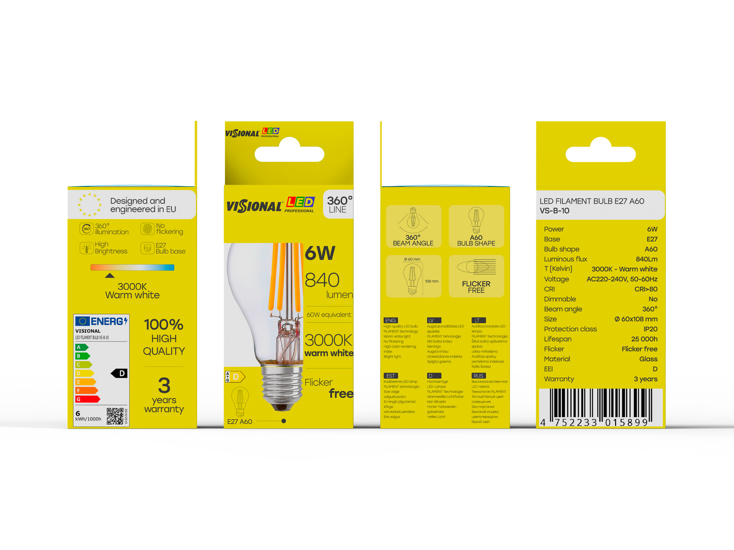VISIONAL Filamentti LED-lamppu | E27 | A60 | 6W | 840lm | 3000K | IP20 | 360°