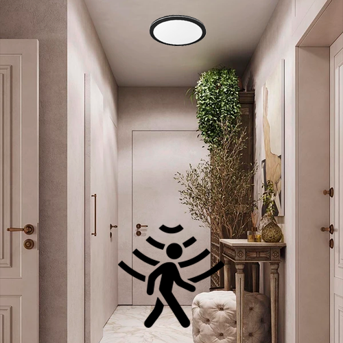 VISIONAL kosteudenkestävä LED-plafondi kattovalaisin PIR-liiketunnistimella | 400x25 mm | 32W | 3840lm | 3CCT | IP44 | Musta