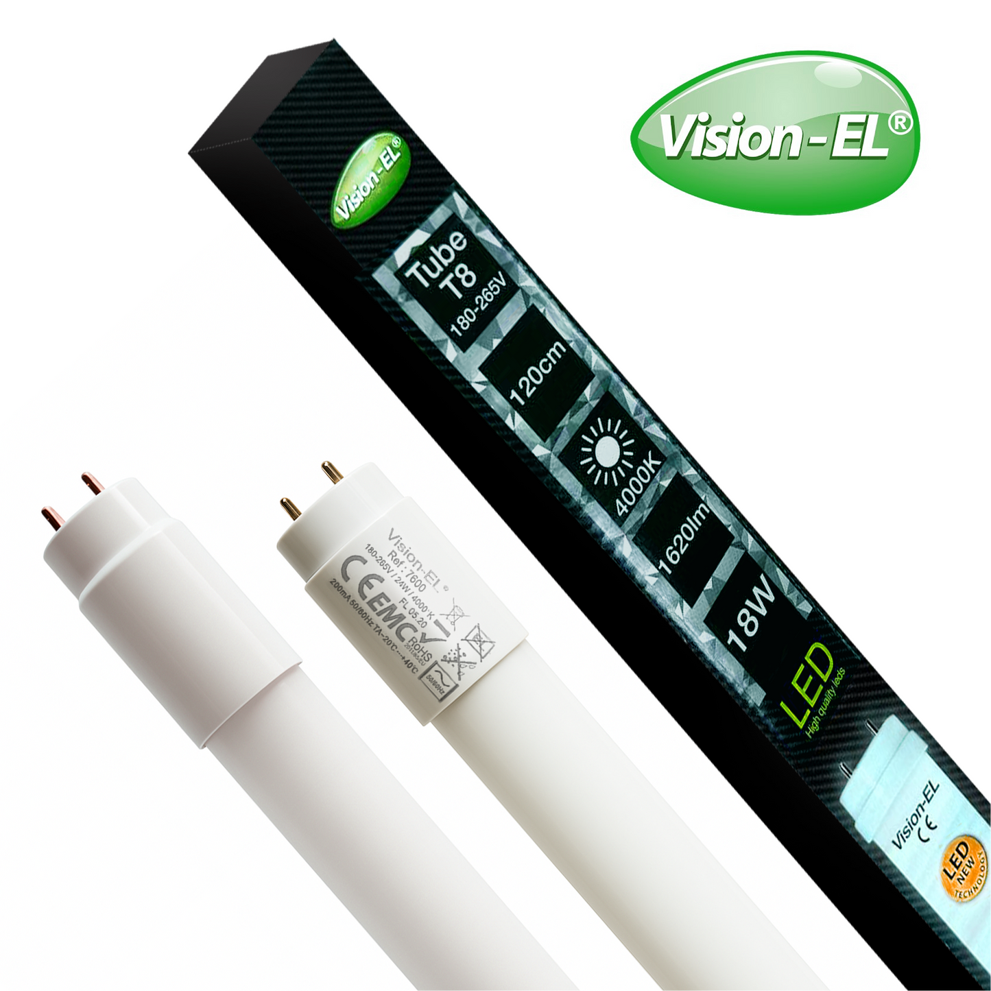 VISION-EL LED-loisteputki | T8 | G13 | 120cm | 18W | 1620lm | 4000K | IP20 {Kaksipäinen}