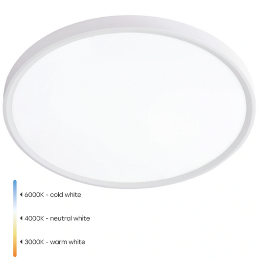 Kostean tilan SLIM LED-kattovalaisin plafondi | Ø600×27mm | 50W | 3CCT (3000K–6000K) | 6000lm | IP44 | valkoinen