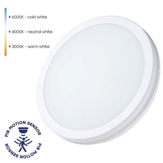 Kostean tilan LED-kattovalaisin plafondi liiketunnistimella | Ø300×55mm | 30W | 3CCT (3000K–6000K) | 3600lm | IP65 | valkoinen
