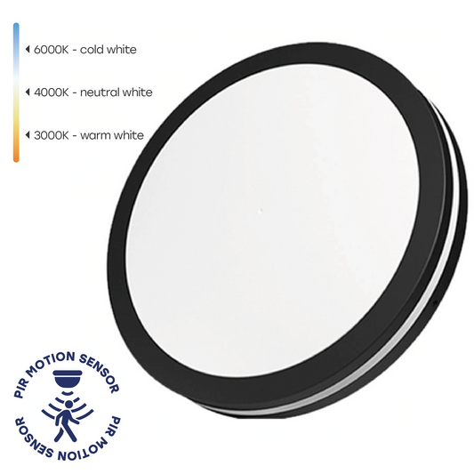 Kostean tilan LED-kattovalaisin plafondi liiketunnistimella | Ø300×55mm | 30W | 3CCT (3000K–6000K) | 3600lm | IP65 | musta