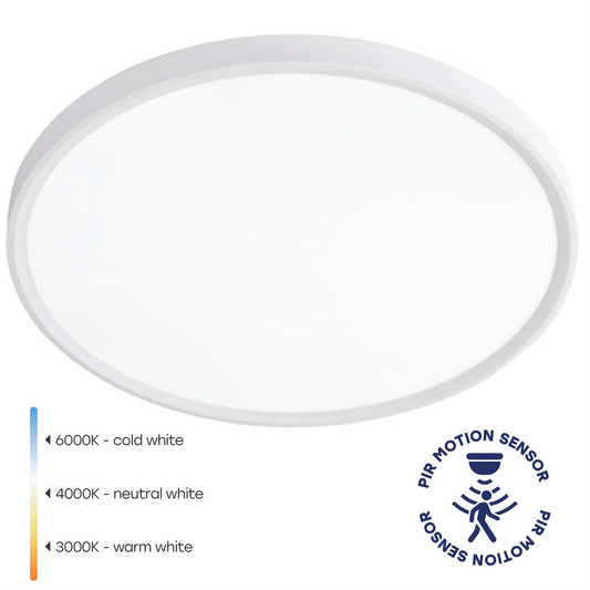 Kostean tilan SLIM LED-kattovalaisin plafondi liiketunnistimella | Ø400×25mm | 32W | 3CCT (3000K–6000K) | 3840lm | IP44 | valkoinen