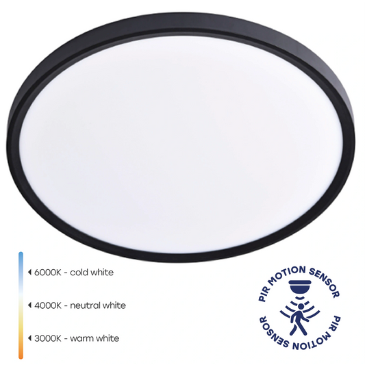 Kostean tilan SLIM LED-kattovalaisin plafondi liiketunnistimella | Ø400×25mm | 32W | 3CCT (3000K–6000K) | 3840lm | IP44 | musta
