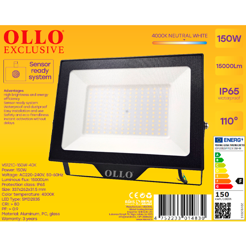 OLLO kosteudenkestävä LED-valonheitin | 150W | 15 000lm | 4000K | IP65