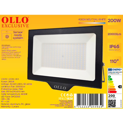 OLLO kosteudenkestävä LED-valonheitin | 200W | 20 000lm | 4000K | IP65