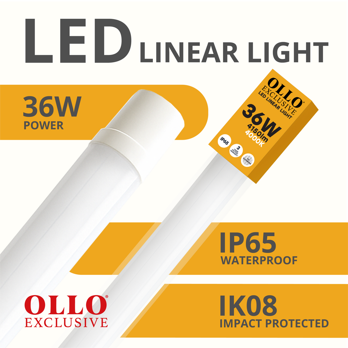 OLLO kosteudenkestävä lineaariset LED-valaisin | 120cm | 36W | 4150lm | 4000K | IP65 | Valkoinen