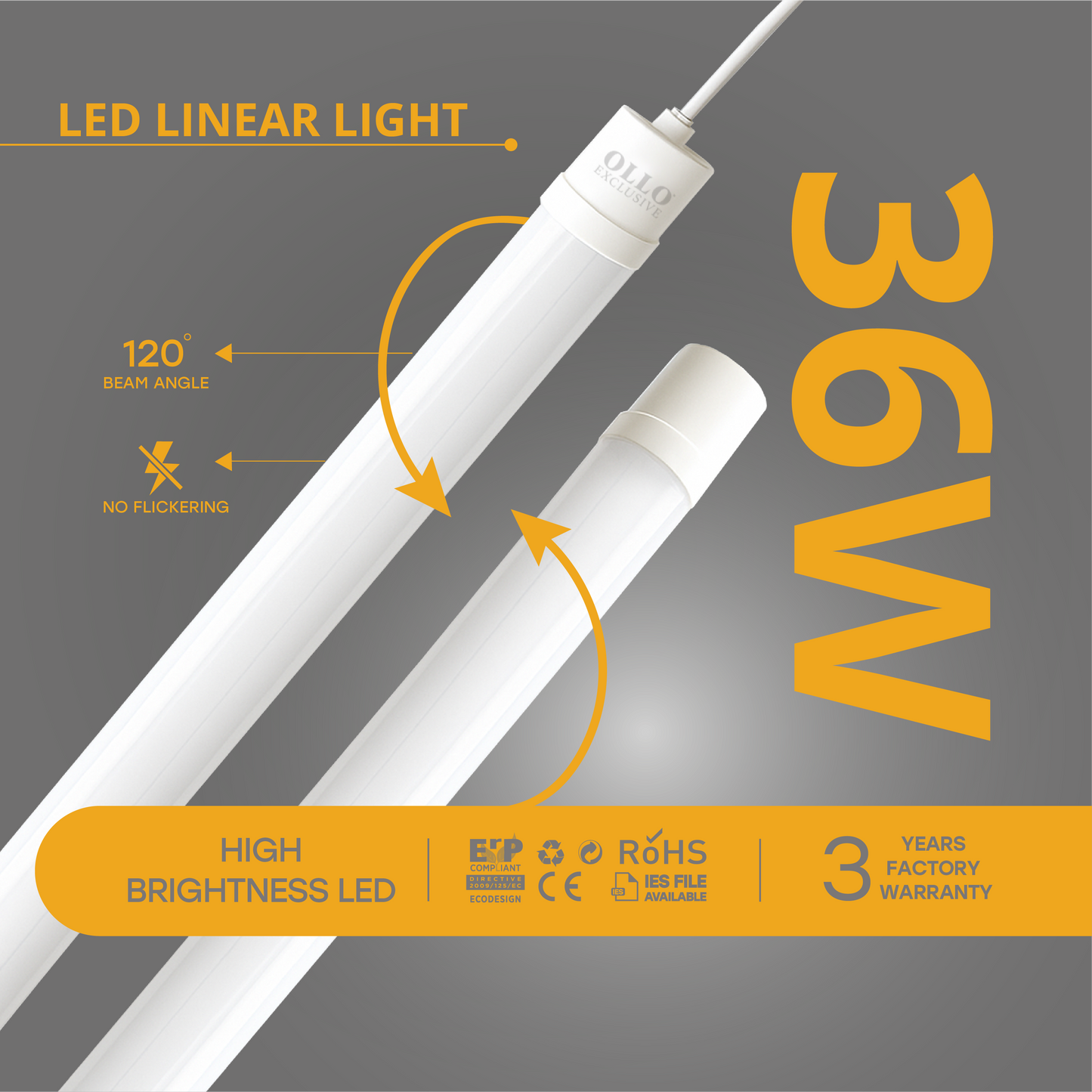 OLLO kosteudenkestävä lineaariset LED-valaisin | 120cm | 36W | 4150lm | 4000K | IP65 | Valkoinen