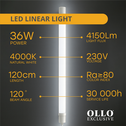OLLO kosteudenkestävä lineaariset LED-valaisin | 120cm | 36W | 4150lm | 4000K | IP65 | Valkoinen