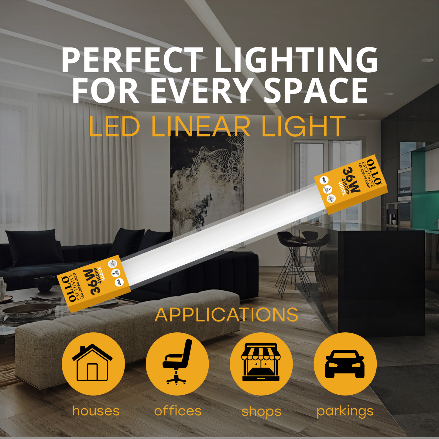 OLLO kosteudenkestävä lineaariset LED-valaisin | 120cm | 36W | 4150lm | 4000K | IP65 | Valkoinen