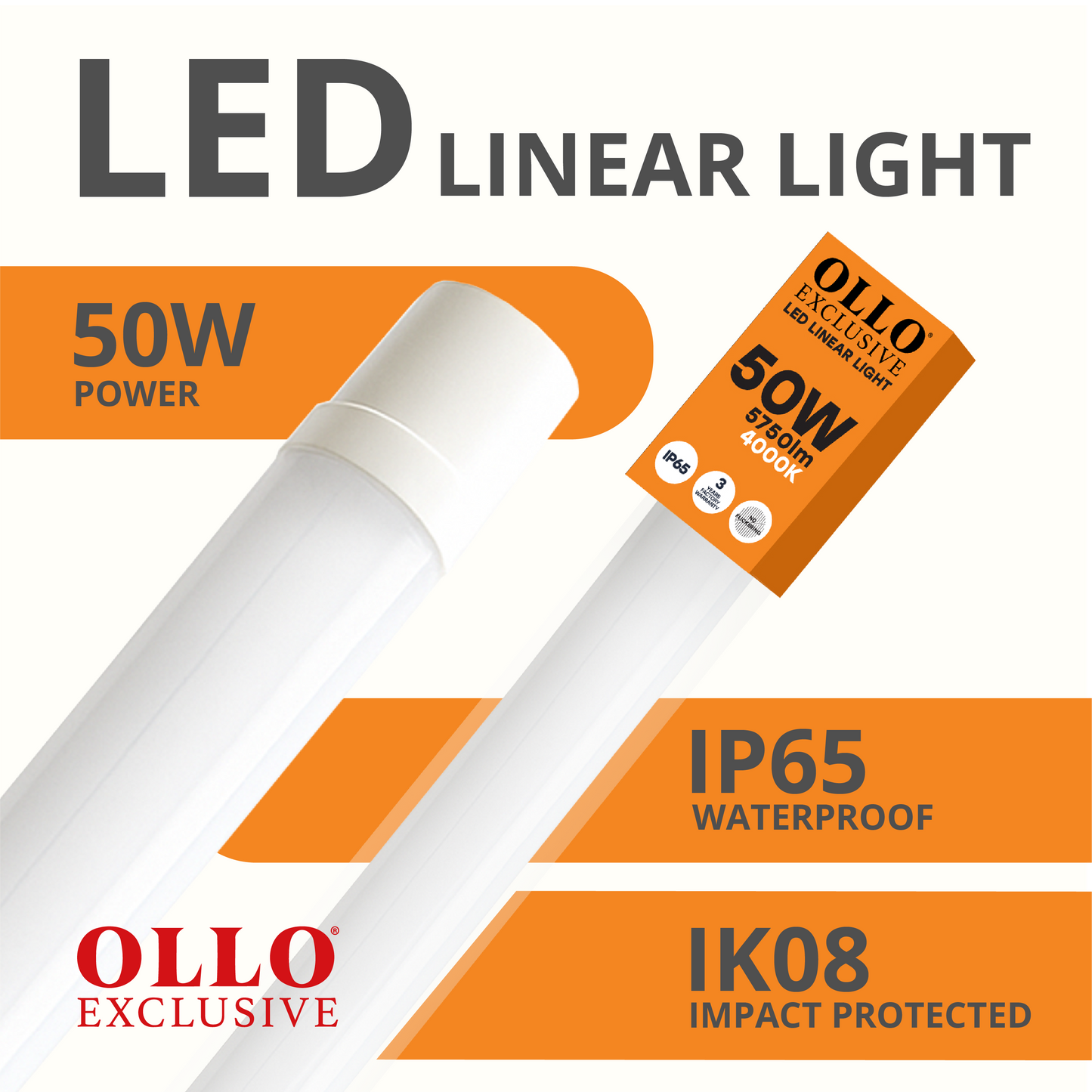 OLLO kosteudenkestävä lineaariset LED-valaisin | 150cm | 50W | 5750lm | 4000K | IP65 | Valkoinen