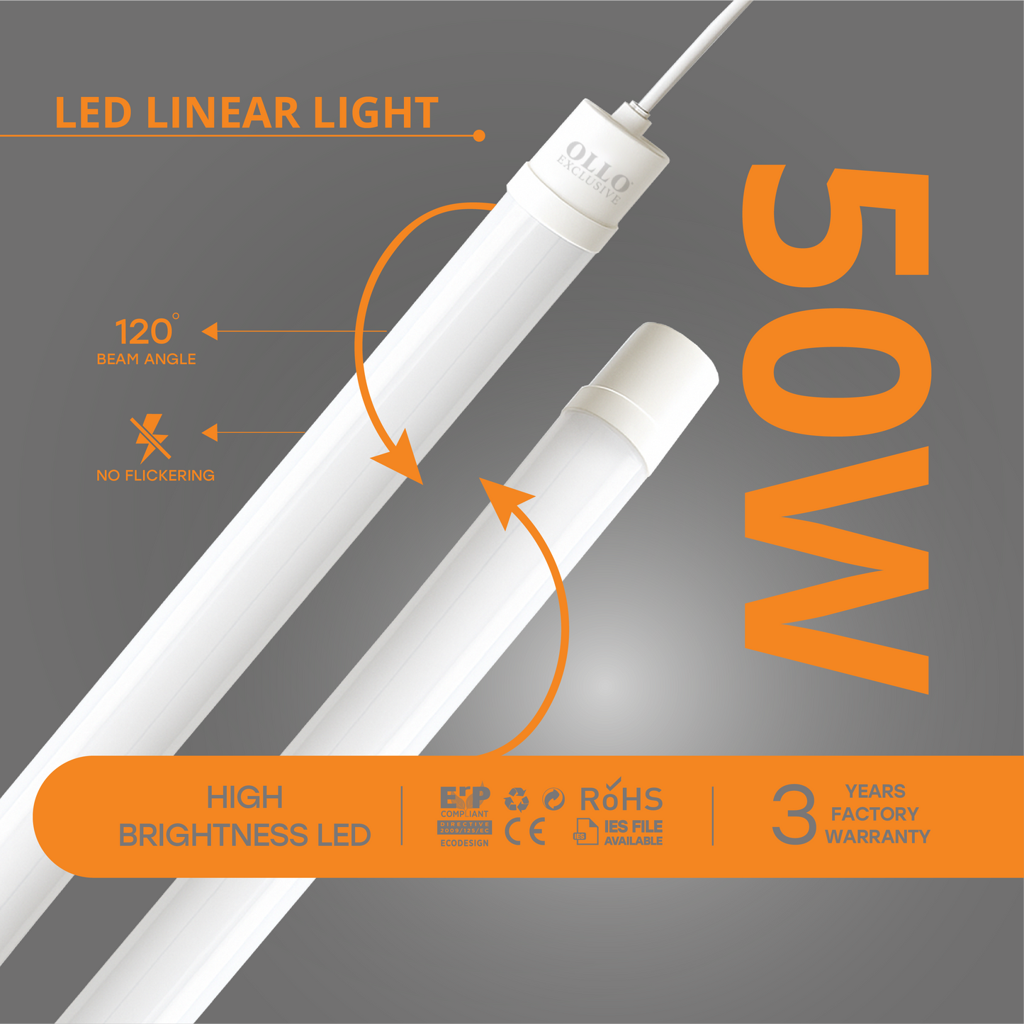 OLLO kosteudenkestävä lineaariset LED-valaisin | 150cm | 50W | 5750lm | 4000K | IP65 | Valkoinen