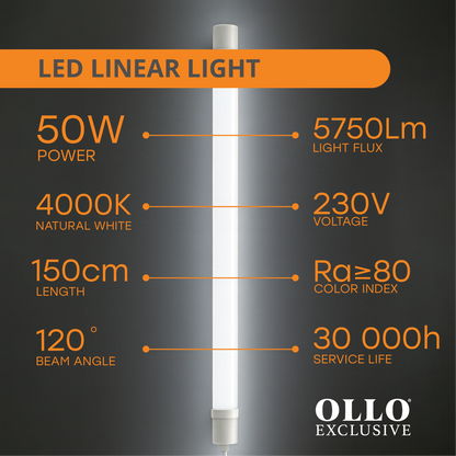 OLLO kosteudenkestävä lineaariset LED-valaisin | 150cm | 50W | 5750lm | 4000K | IP65 | Valkoinen