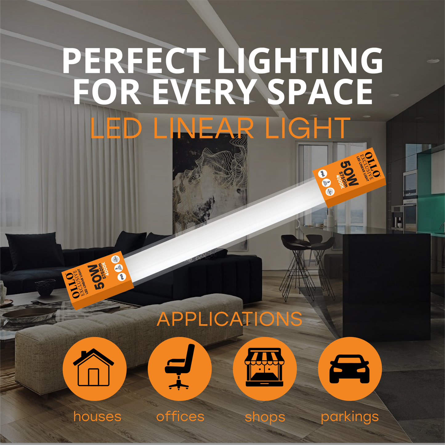 OLLO kosteudenkestävä lineaariset LED-valaisin | 150cm | 50W | 5750lm | 4000K | IP65 | Valkoinen