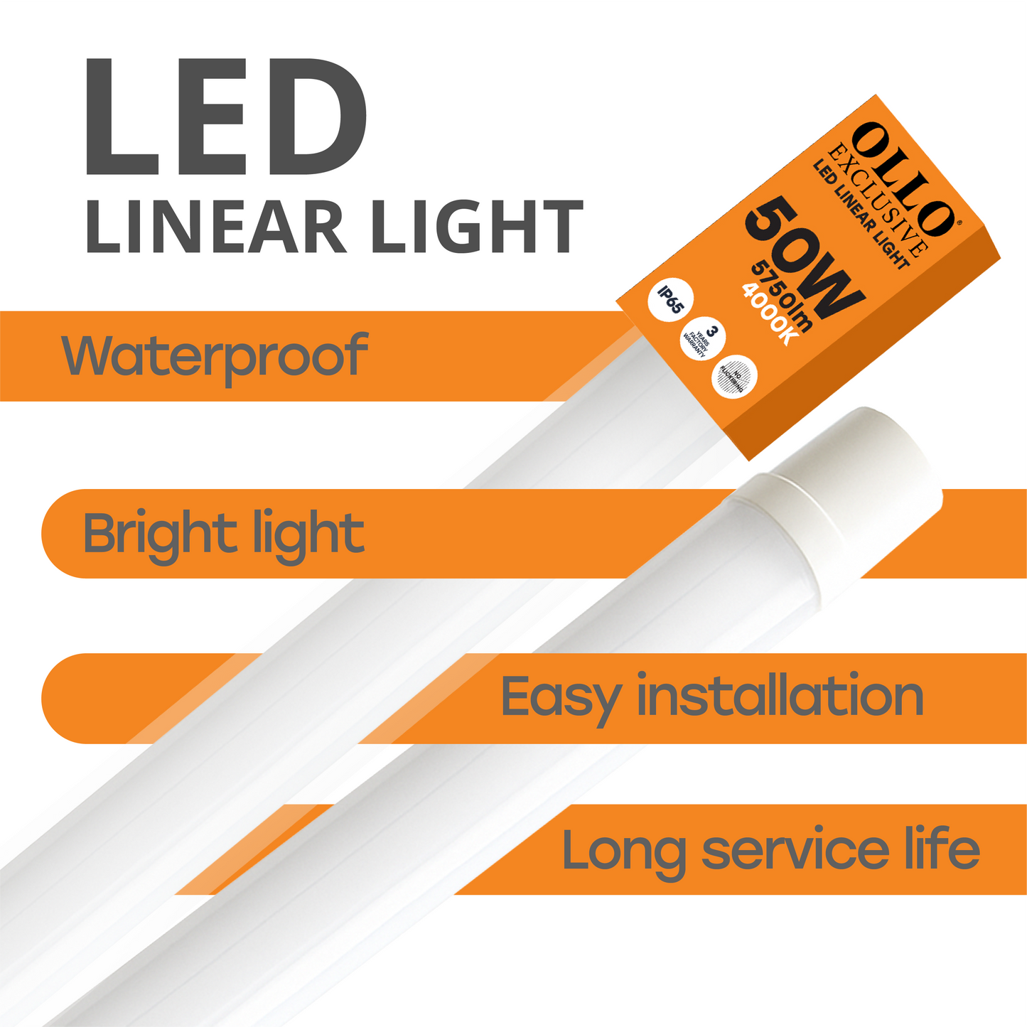 OLLO kosteudenkestävä lineaariset LED-valaisin | 150cm | 50W | 5750lm | 4000K | IP65 | Valkoinen