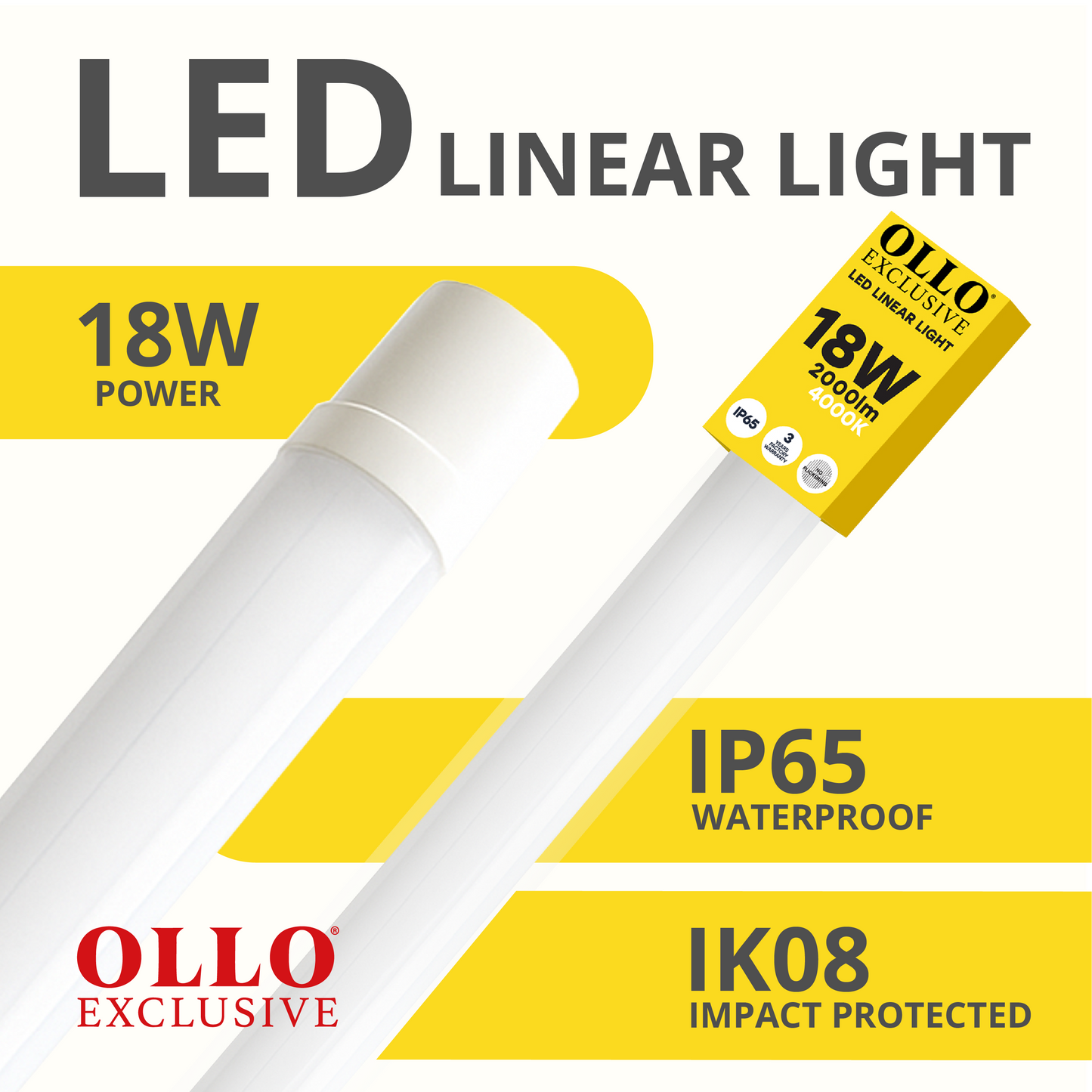 OLLO kosteudenkestävä lineaariset LED-valaisin | 60cm | 18W | 2000lm | 4000K | IP65 | Valkoinen