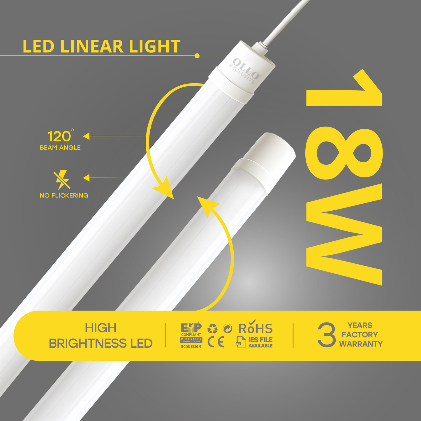 OLLO kosteudenkestävä lineaariset LED-valaisin | 60cm | 18W | 2000lm | 4000K | IP65 | Valkoinen