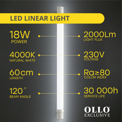 OLLO kosteudenkestävä lineaariset LED-valaisin | 60cm | 18W | 2000lm | 4000K | IP65 | Valkoinen