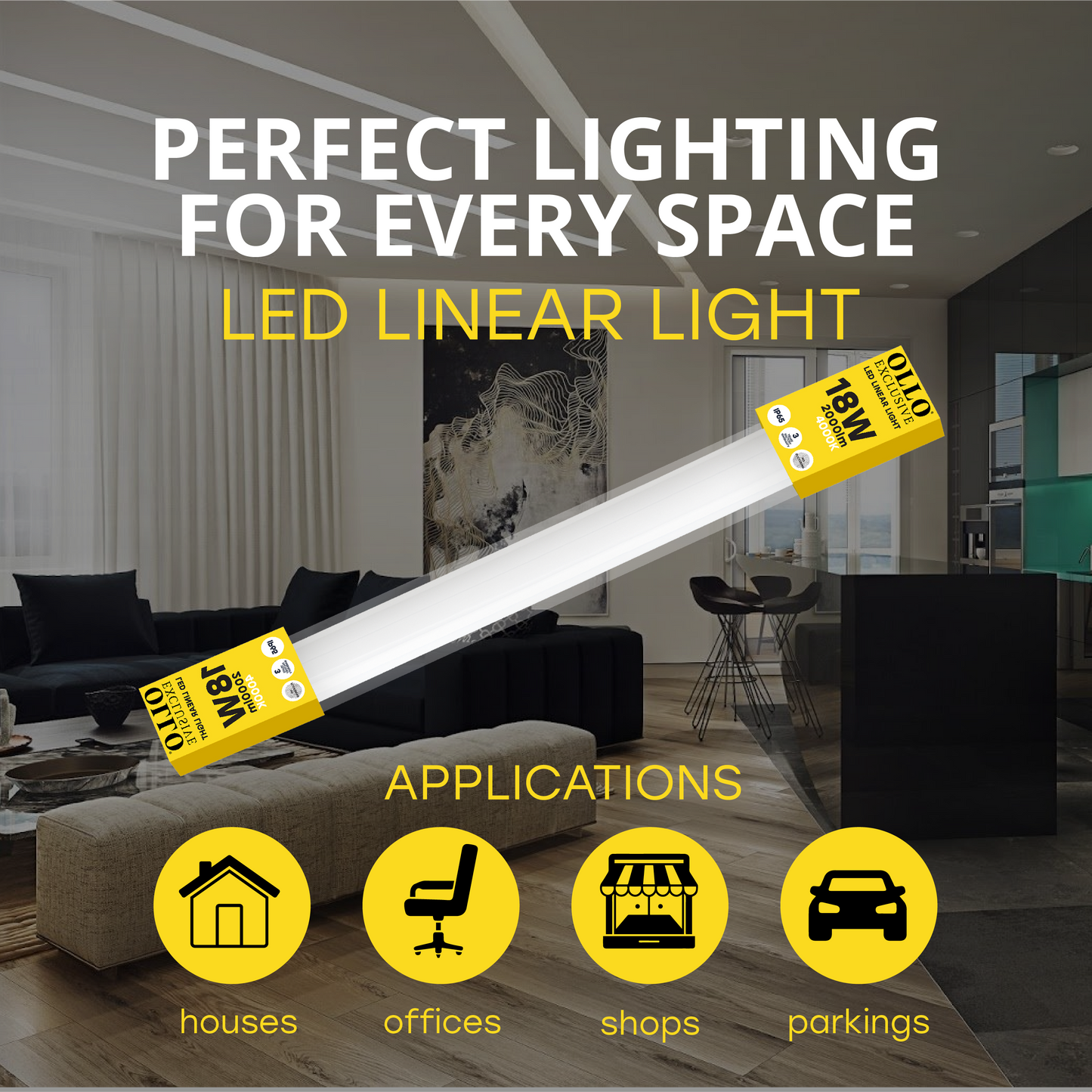 OLLO kosteudenkestävä lineaariset LED-valaisin | 60cm | 18W | 2000lm | 4000K | IP65 | Valkoinen