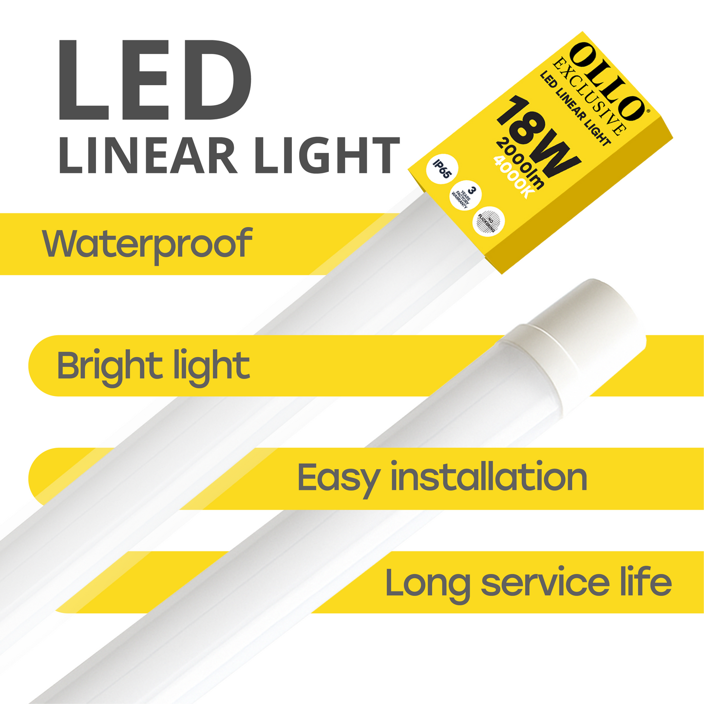 OLLO kosteudenkestävä lineaariset LED-valaisin | 60cm | 18W | 2000lm | 4000K | IP65 | Valkoinen