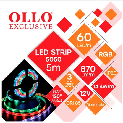 OLLO LED-nauha sisätiloihin | 5m/8mm | 14.4W | 12V | 870lm/m | RGB | IP20
