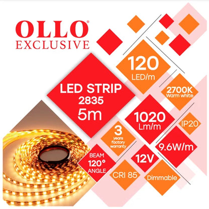 OLLO LED-nauha sisätiloihin | 5m/8mm | 9.6W | 12V | 1020lm/m | 2700K | IP20