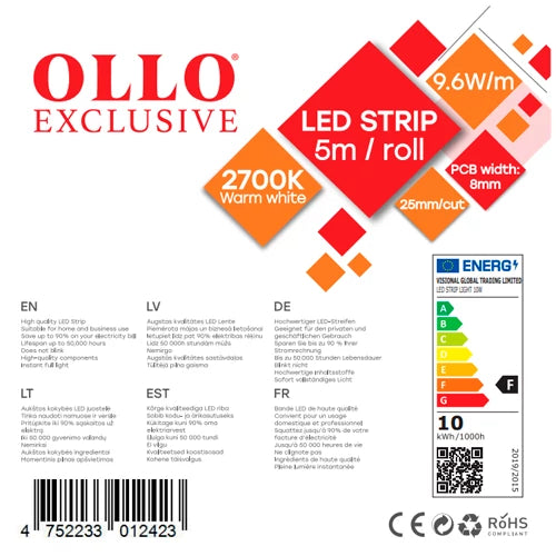 OLLO LED-nauha sisätiloihin | 5m/8mm | 9.6W | 12V | 1020lm/m | 2700K | IP20