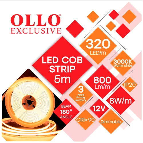 OLLO LED-nauha sisätiloihin | COB | 5m/8mm | 8W | 12V | 800lm/m | 3000K | IP20