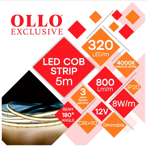 OLLO LED-nauha sisätiloihin | COB | 5m/8mm | 8W | 12V | 800lm/m | 4000K | IP20