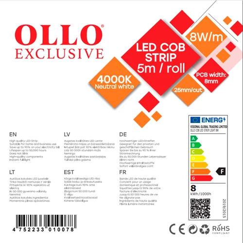OLLO LED-nauha sisätiloihin | COB | 5m/8mm | 8W | 12V | 800lm/m | 4000K | IP20