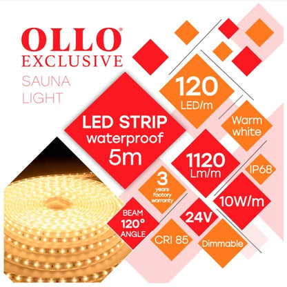 OLLO LED-nauha saunaan | 5m | 10W | 24V | 1120lm/m | 3000K | IP68