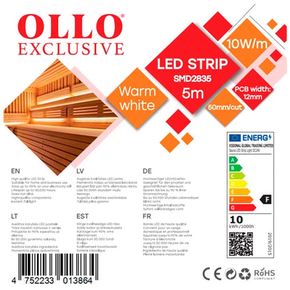 OLLO LED-nauha saunaan | 5m | 10W | 24V | 1120lm/m | 3000K | IP68