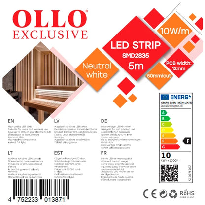 OLLO LED-nauha saunaan | 5m | 10W | 24V | 1120lm/m | 4000K | IP68
