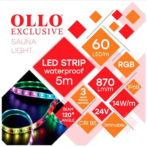 OLLO LED-nauha saunaan | 5m | 14W | 24V | 870lm/m | RGB | IP68