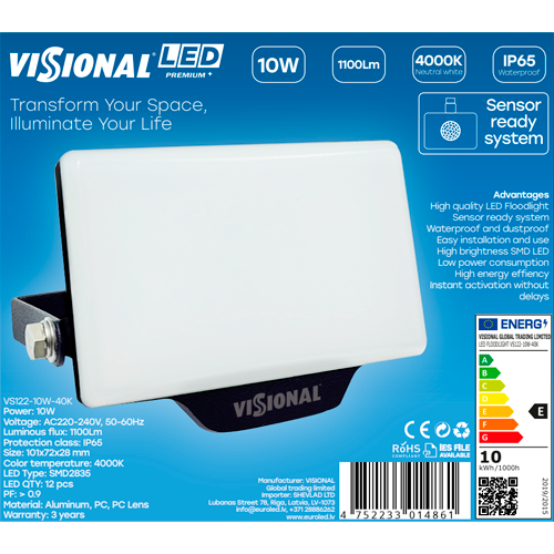 VISIONAL kosteudenkestävä LED-valonheitin | 10W | 1100lm | 4000K | IP65