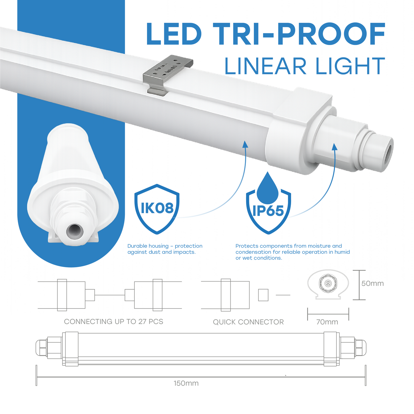 VISIONAL kosteudenkestävä lineaariset LED-valaisin PHILIPS-dioodeilla | 150cm | 50W | 8800lm | 4000K | IP65 | Valkoinen