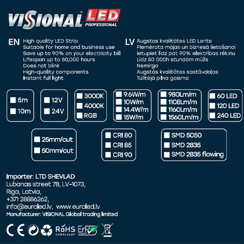 VISIONAL LED-nauha sisätiloihin | 5m/10mm | 14.4W | 12V | 980lm/m | RGB | IP20