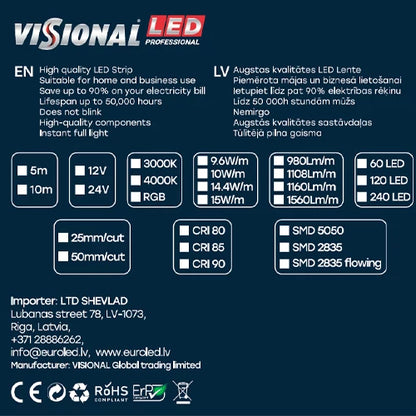 VISIONAL LED-nauha sisätiloihin | 5m/10mm | 14.4W | 12V | 980lm/m | RGB | IP20