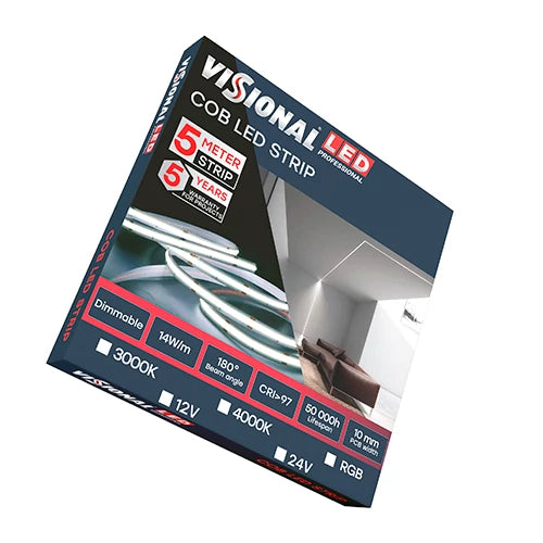 VISIONAL LED-nauha sisätiloihin | COB | 5m/10mm | 14W | 12V | 1400lm/m | 4000K | IP20