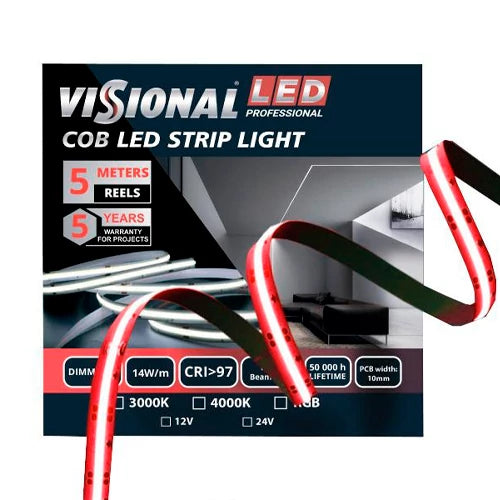 VISIONAL LED-nauha sisätiloihin | COB | 5m/10mm | 14W | 12V | 742lm/m | RGB | IP20